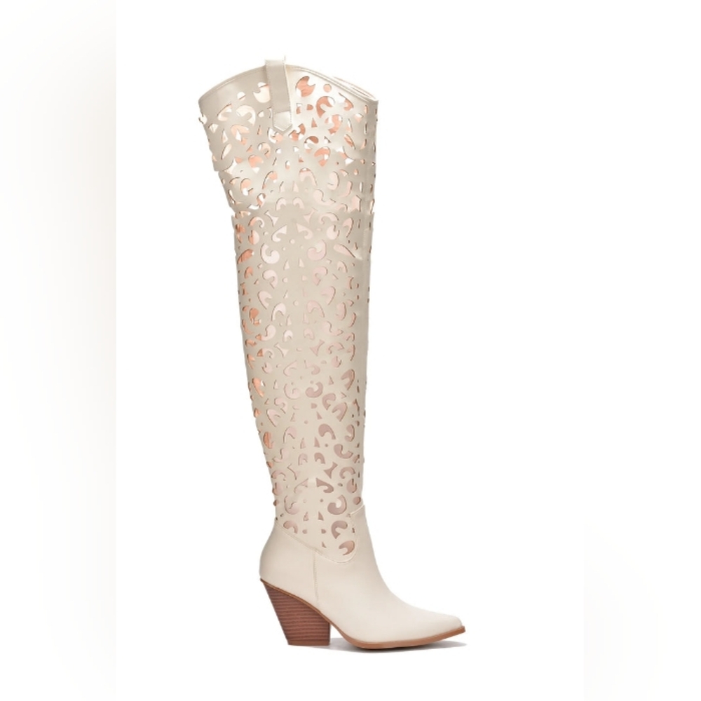 Chic Off White Cut-Out Over the Knee Boots